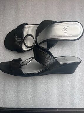 Impo Slide On Gladis Sandals Patent Leather Silver Ring Black 9M